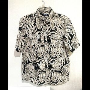 CHAPS tropical print casual button down Hawaiian aloha shirt black ivory- medium